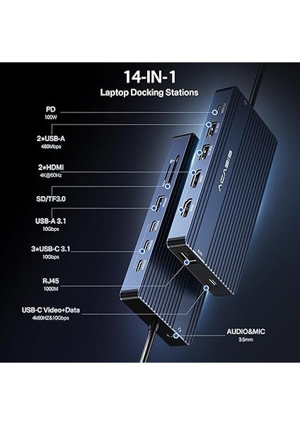 Usb-C Yerleştirme Istasyonu, Çift Monitör, HDMI 4K @ 60 Hz, 14'ü 1 Arada Dizüstü Bilgisayar Yuvası, 10 Gbit/s (Usb-C Video + Veri, 3 x USB C, USB A) Ethernet, 100 W Pd, Sd/tf, 3,5 mm Ses fiyatları