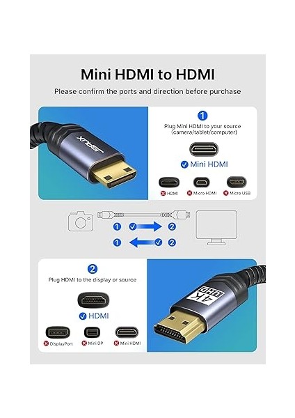 Mini HDMI - HDMI Kablosu 2m [4k @ 60Hz, 18GBPS] Mini HDMI - HDMI Naylon Örgü Kablo Desteği 4k, 1080P, 2k @ 120Hz, 3d, Hdr, Arc, Çift Yönlü Kamera, Laptop, Tv, Monitör, Projektör Gri.. modelleri