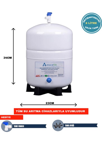 Su Arıtma Cihazı Tankı 8 Lt. (2,2 GALON) Paslanmaz Metal Tank - Tank Vanası Ve Ayak Hediyeli