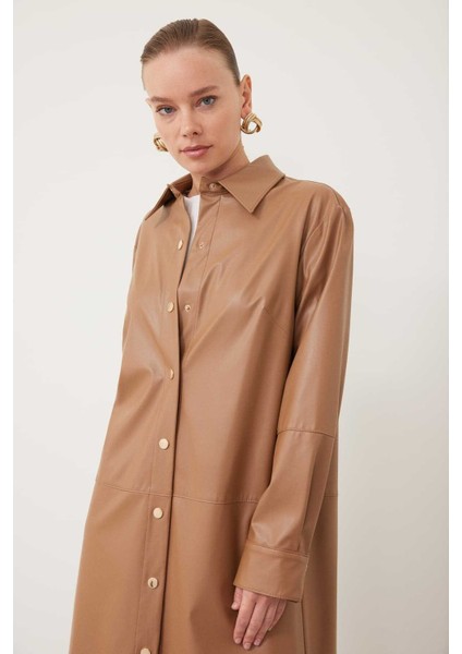Suni Deri Gömlek Elbise Camel K2311019_035