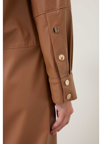 Suni Deri Gömlek Elbise Camel K2311019_035