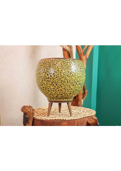 Tasarımı Ev Dekorasyon Hardal Sarısı Şekilli Artistik Çift Sırlı Iç ve Dış Mekan Kullanımlı Ayaklı Toprak Terakota Saksı Saksılık Çiçeklik