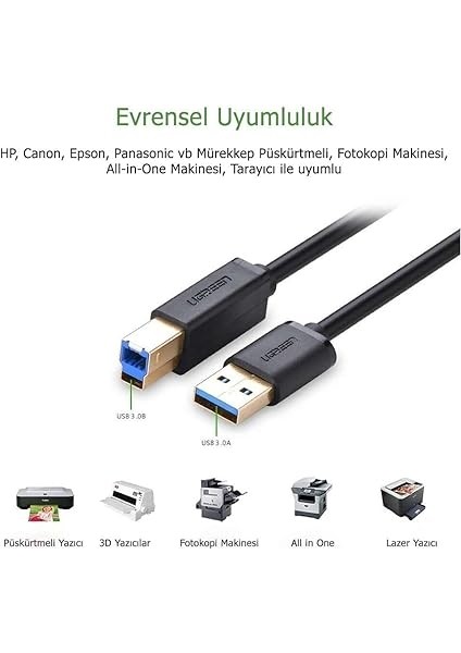 Usb-A 3.0 & Usb-B 3.0 Yazıcı Kablosu, 1 Metre, Siyah indirimleri