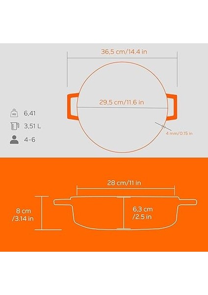 Döküm Çok Amaçlı Yayvan Tencere Döküm Demir Yekpare Kulplu Edition Serisi ÇAP(Ø)28CM. Turuncu indirimleri