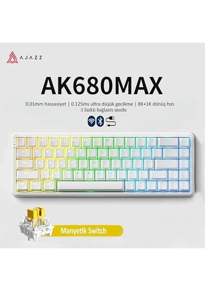 Ajazz AK680 Max%68 Manyetik Switch, 3000MAH Batarya 8000 Hz KABLOLU-1000 Hz Polling Rate Kablosuz Manyetik Klavye Rgb Arkadan Aydınlatmalı Özelleştirilebilir Tuşlar (AK680 Max - Beyaz) fiyatları