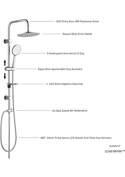 Myra Banyo Bataryası+T-May Banyo Bostan Oval Tepe Duş Takımı Seti Paslanmaz Krom indirimleri