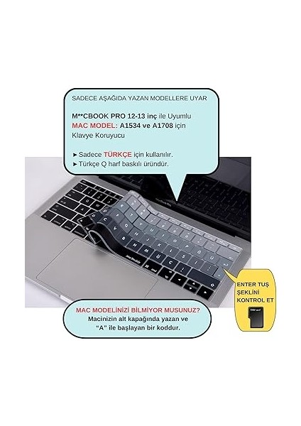 Laptop Macbook Pro Klavye Koruyucu Ombre (Türkçe Q) A1534 A1708 ile Uyumlu Siyah Gri fiyatları