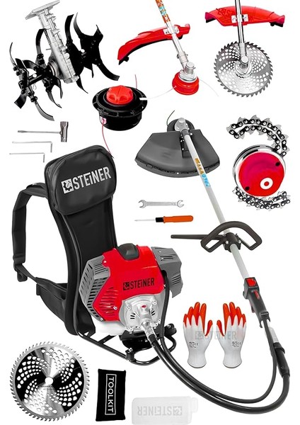 Alman 16 Hp Tam Profesyonel Sırt Tipi Benzinli Tırpan Ot Çalı Çim Biçme Makinesi Kırmızı + Çapa Aparatı