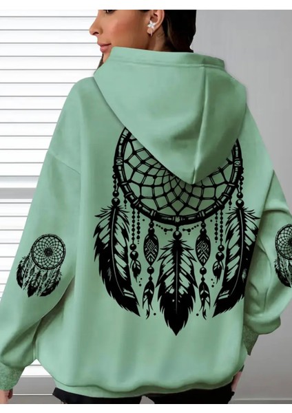 Büyük Beden Özel Tasarım Kapüşonlu Şiva Tüyleri Sırt Baskılı Oversize %100 Pamuk Modern Kadın Sweatshırt