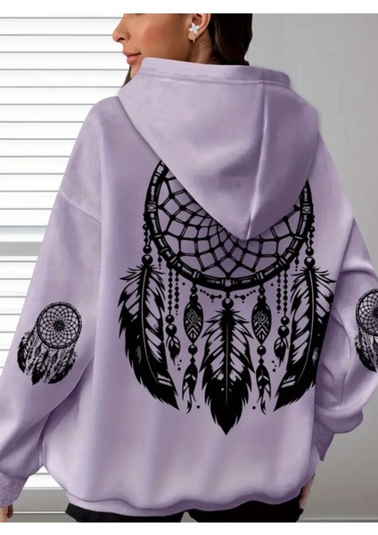 Büyük Beden Özel Tasarım Kapüşonlu Şiva Tüyleri Sırt Baskılı Oversize %100 Pamuk Modern Kadın Sweatshırt