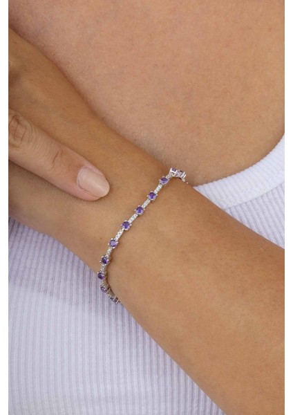 Mor Taşlı Süzme Su Yolu Gümüş Bileklik