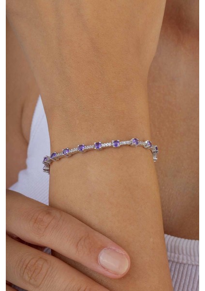 Mor Taşlı Süzme Su Yolu Gümüş Bileklik modelleri