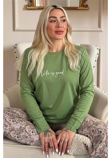Yeşil Life Is Good Desenli Uzun Kollu Bambu Örme Kadın Pijama Takımı