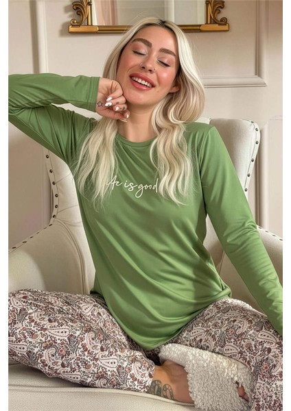 Yeşil Life Is Good Desenli Uzun Kollu Bambu Örme Kadın Pijama Takımı fiyatları