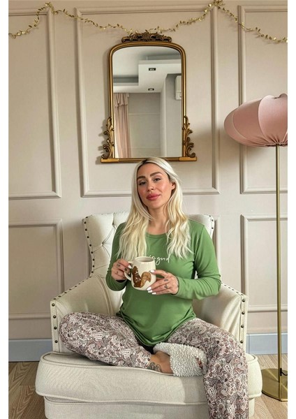 Yeşil Life Is Good Desenli Uzun Kollu Bambu Örme Kadın Pijama Takımı modelleri