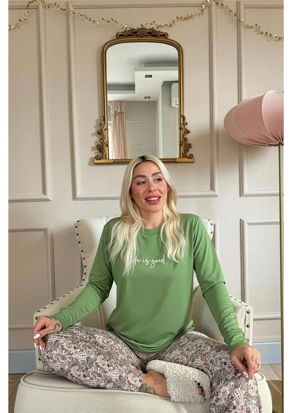 Yeşil Life Is Good Desenli Uzun Kollu Bambu Örme Kadın Pijama Takımı fırsatları