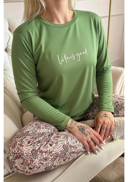 Yeşil Life Is Good Desenli Uzun Kollu Bambu Örme Kadın Pijama Takımı indirimleri