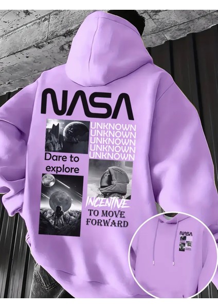 Büyük Beden Özel Tasarım Kapüşonlu Nasa Unknown Sırt Baskılı Oversize Trend Erkek Sweatshırt