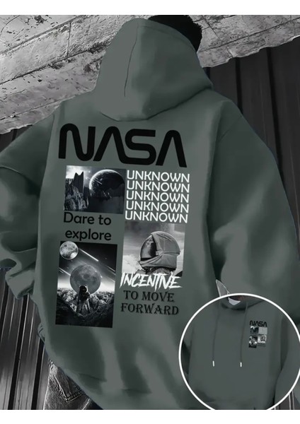 Büyük Beden Özel Tasarım Kapüşonlu Nasa Unknown Sırt Baskılı Oversize Trend Erkek Sweatshırt