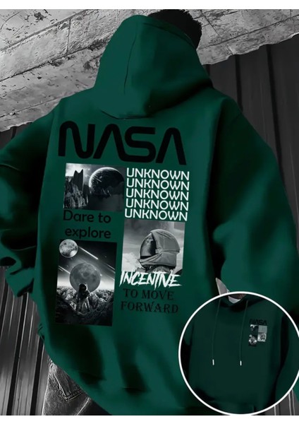 Büyük Beden Özel Tasarım Kapüşonlu Nasa Unknown Sırt Baskılı Oversize Trend Erkek Sweatshırt