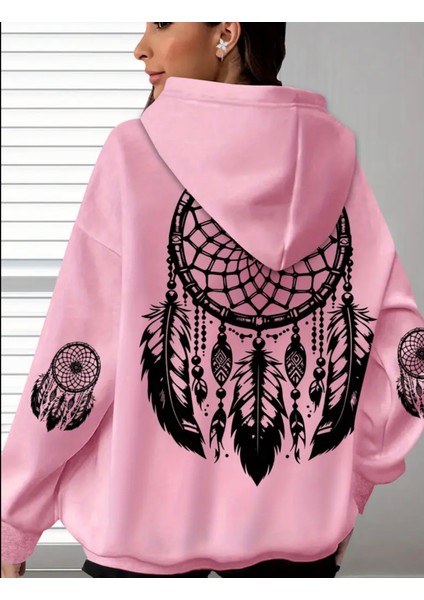 Büyük Beden Özel Tasarım Kapüşonlu Şiva Tüyleri Sırt Baskılı Oversize %100 Pamuk Modern Kadın Sweatshırt