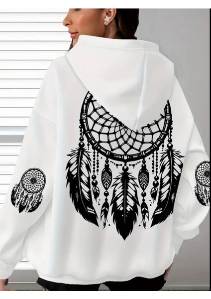 Büyük Beden Özel Tasarım Kapüşonlu Şiva Tüyleri Sırt Baskılı Oversize %100 Pamuk Modern Kadın Sweatshırt