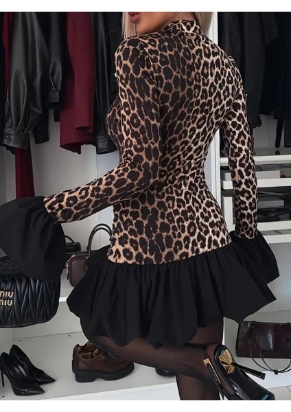 Kadın Uzun Kollu Bisiklet Yaka Leopar Desenli Üst Modal Alt Trikoton Mini Elbise modelleri