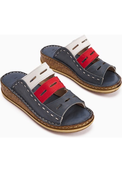 Hakiki Deri Joelle Mavi Comfort Lazer Kesim Terlik