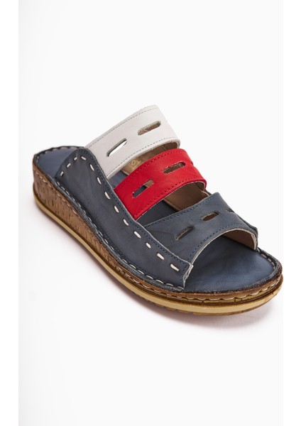 Hakiki Deri Joelle Mavi Comfort Lazer Kesim Terlik modelleri