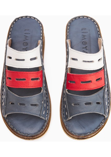 Hakiki Deri Joelle Mavi Comfort Lazer Kesim Terlik indirimleri