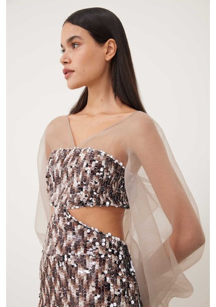 Payet Organze Diz Boy Elbise Kahve K2311324_005