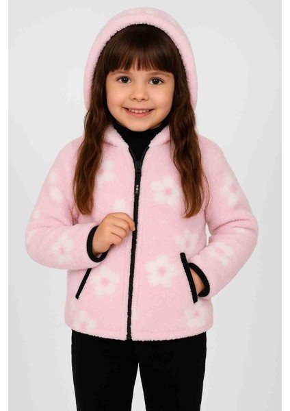 Pembe Çiçekli Tek Üst Kız Çocuk Peluş Hırka