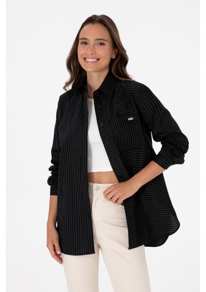 Kadın Siyah Gömlek Desenli 50316387-VR046