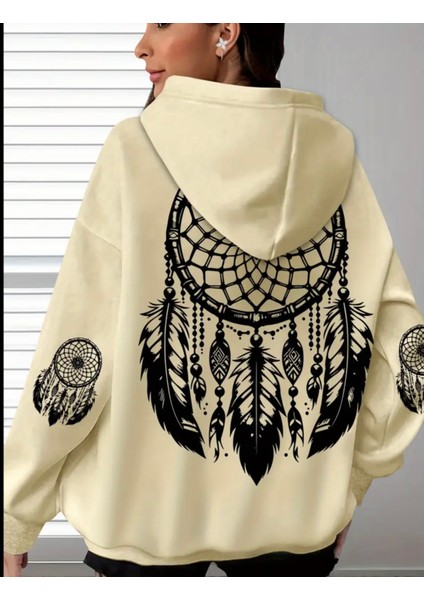 Büyük Beden Özel Tasarım Kapüşonlu Şiva Tüyleri Sırt Baskılı Oversize %100 Pamuk Modern Kadın Sweatshırt