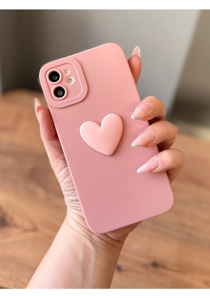 IPHONE 11 3D Kalp Dekorlu Pudra Pembe Kılıf
