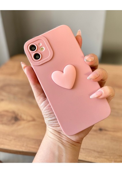 IPHONE 11 3D Kalp Dekorlu Pudra Pembe Kılıf modelleri