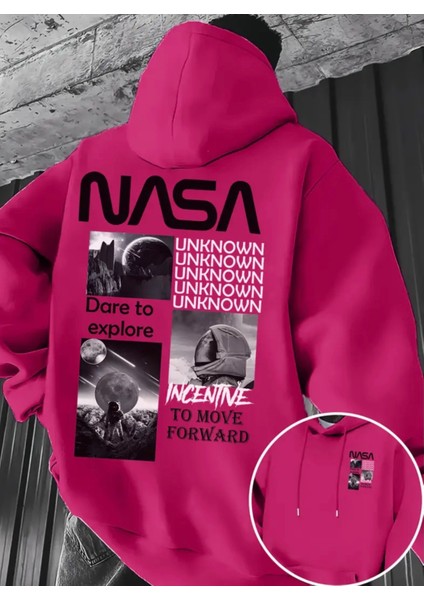 Büyük Beden Özel Tasarım Kapüşonlu Nasa Unknown Sırt Baskılı Oversize Trend Erkek Sweatshırt