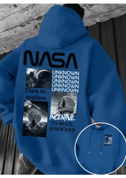 Büyük Beden Özel Tasarım Kapüşonlu Nasa Unknown Sırt Baskılı Oversize Trend Erkek Sweatshırt