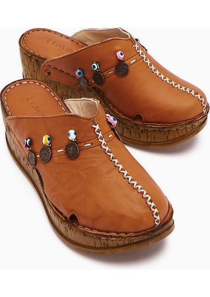 Hakiki Deri Annika Taba Antik Detaylı Dolgu Sabo Terlik