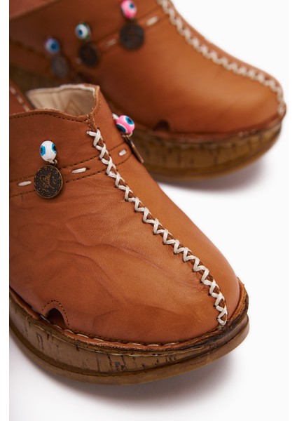 Hakiki Deri Annika Taba Antik Detaylı Dolgu Sabo Terlik modelleri