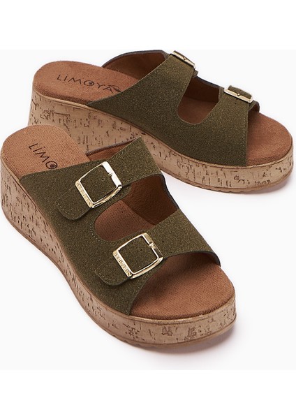 Samina Haki Çift Bantlı Dolgu Topuklu Kadın Terlik