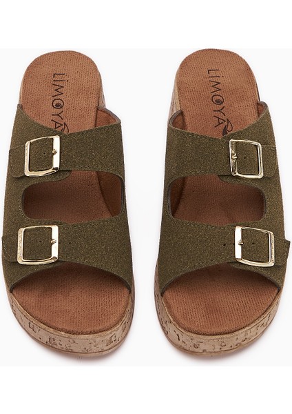 Samina Haki Çift Bantlı Dolgu Topuklu Kadın Terlik modelleri