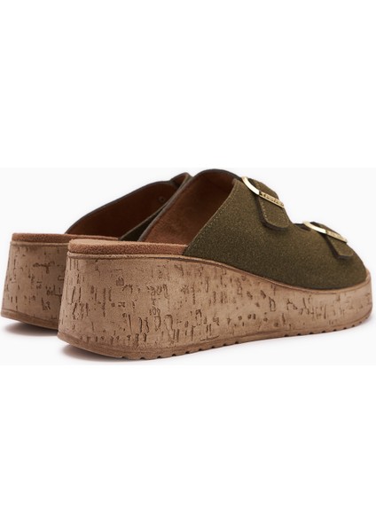 Samina Haki Çift Bantlı Dolgu Topuklu Kadın Terlik fırsatları