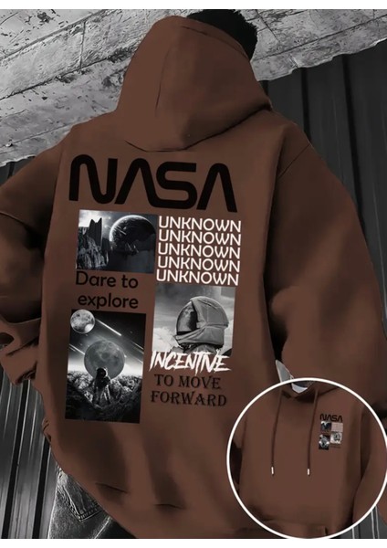 Büyük Beden Özel Tasarım Kapüşonlu Nasa Unknown Sırt Baskılı Oversize Trend Erkek Sweatshırt