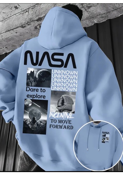 Büyük Beden Özel Tasarım Kapüşonlu Nasa Unknown Sırt Baskılı Oversize Trend Erkek Sweatshırt
