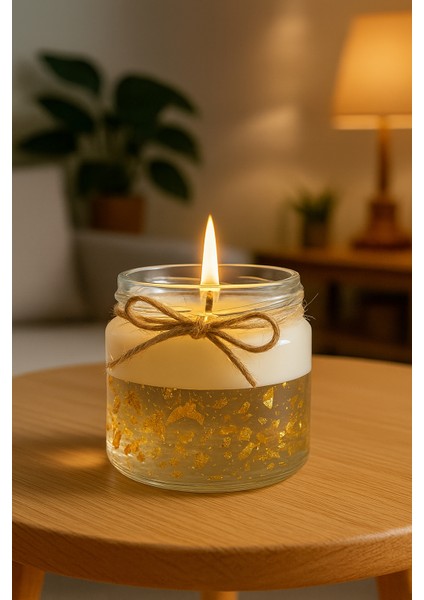 Likya Candle Altın Parçacıklı Jel Mum – Yasemin Kokulu, 330 gr El Yapımı Dekoratif Cam Mum | Şık & Işıltılı Tasarım