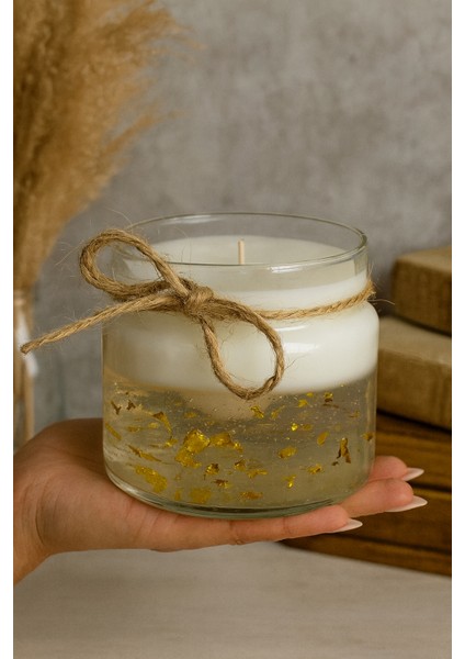 Likya Candle Altın Parçacıklı Jel Mum – Yasemin Kokulu, 330 gr El Yapımı Dekoratif Cam Mum | Şık & Işıltılı Tasarım modelleri