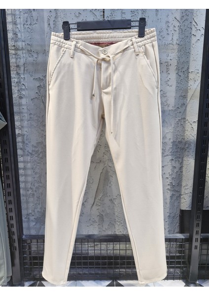 Erkek Bej Beli Lastikli Bağcıklı Duble Paça Jogger Relaxed Fit Pantolon