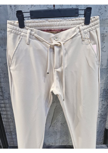 Erkek Bej Beli Lastikli Bağcıklı Duble Paça Jogger Relaxed Fit Pantolon modelleri