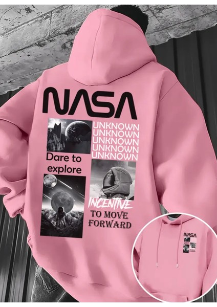 Büyük Beden Özel Tasarım Kapüşonlu Nasa Unknown Sırt Baskılı Oversize Trend Erkek Sweatshırt